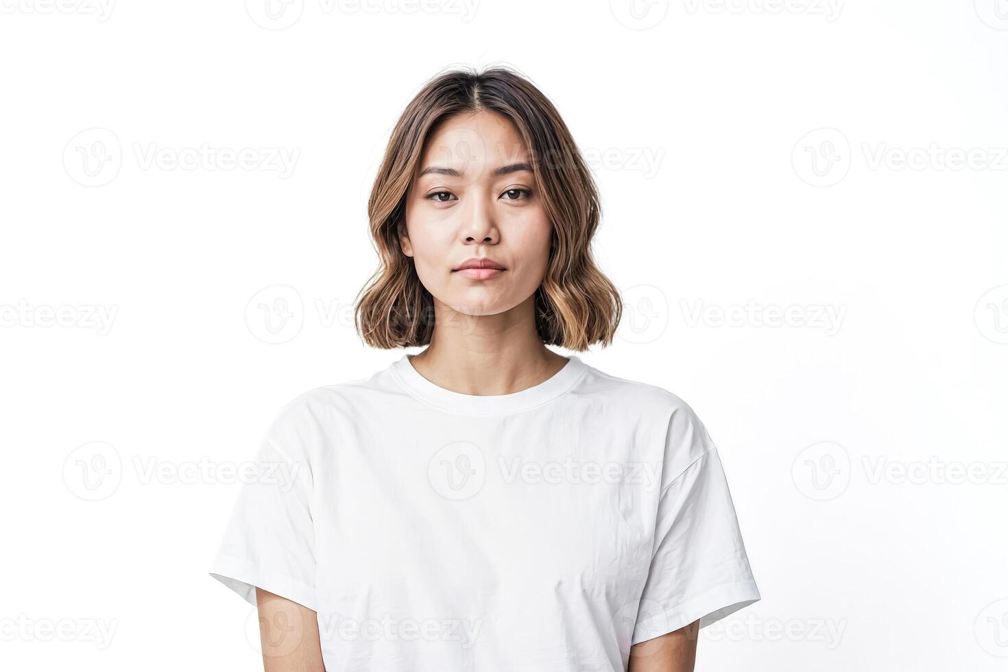 Young woman with brown hair looking at the camera photo