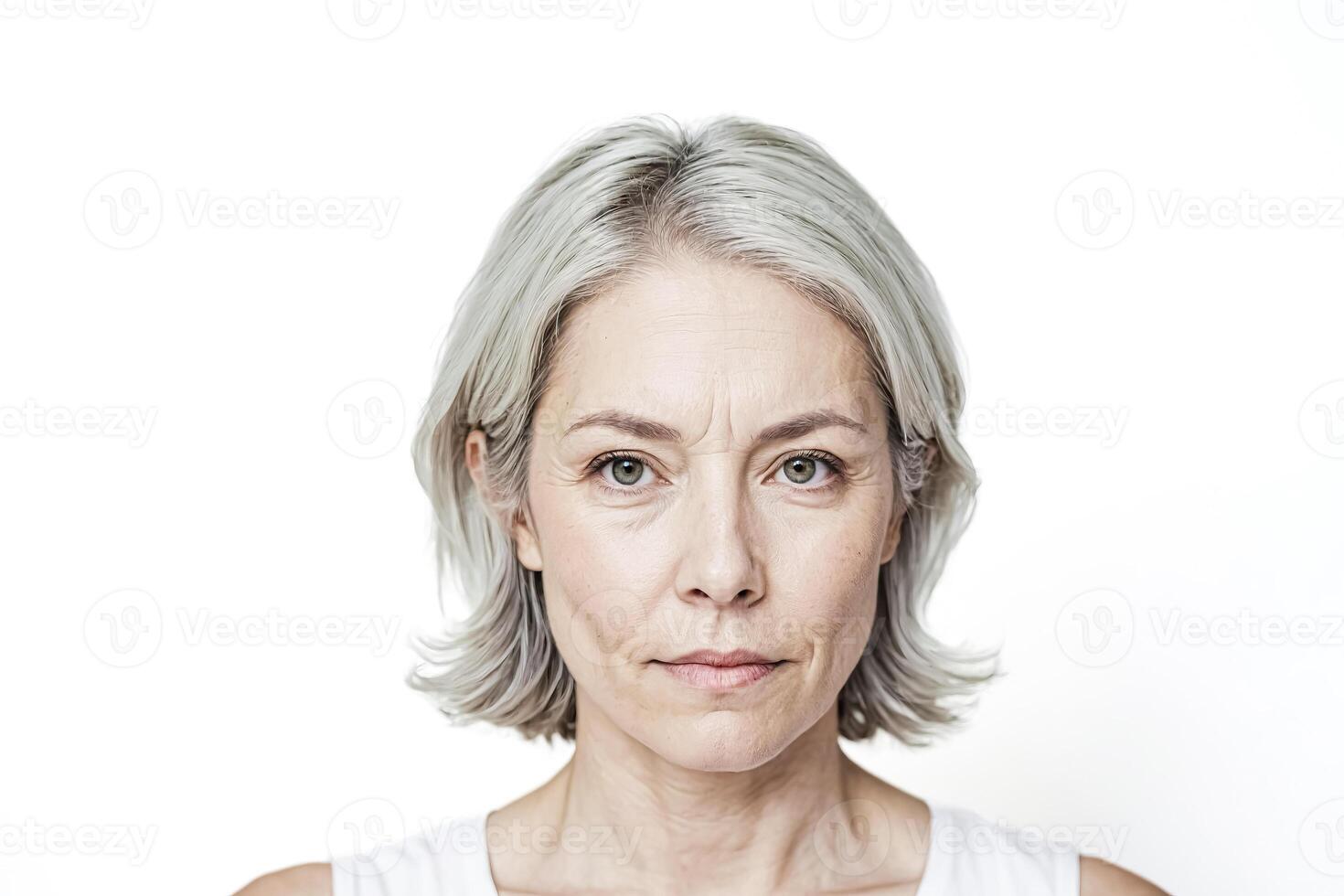 Close-up portrait of a woman with grey hair, looking directly at the camera photo