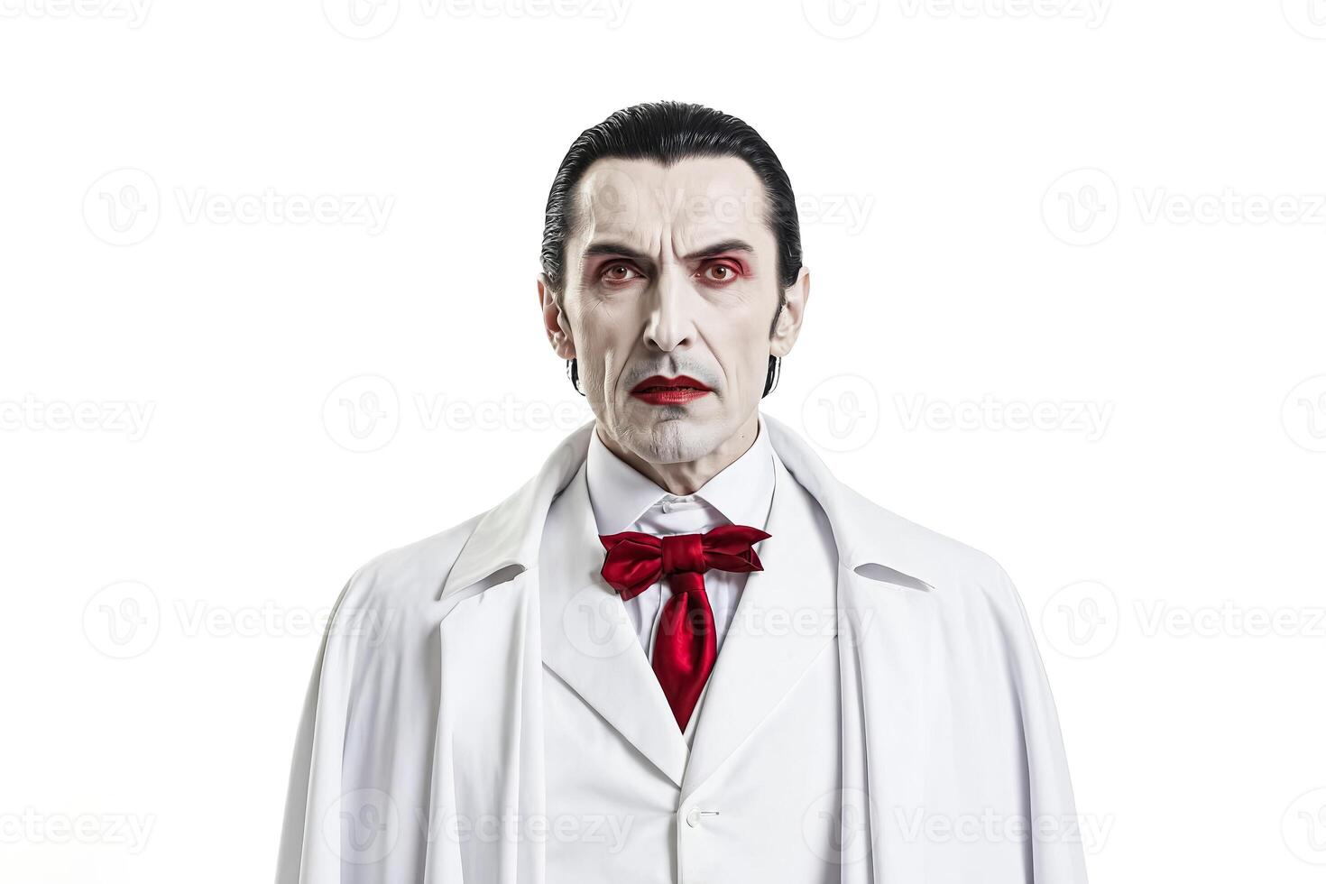 Portrait of a vampire in a white suit and red bow tie photo