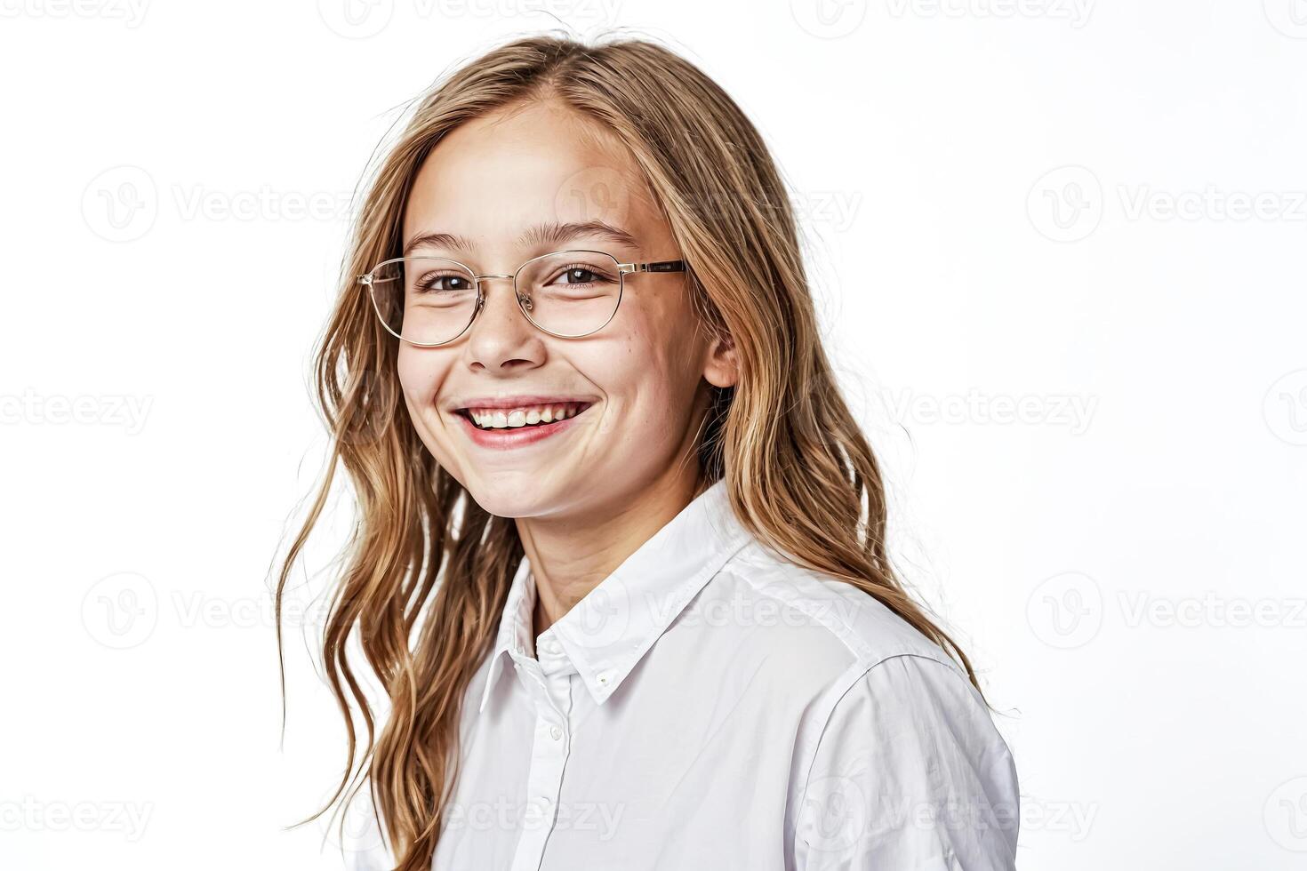 Happy girl in glasses smiling photo