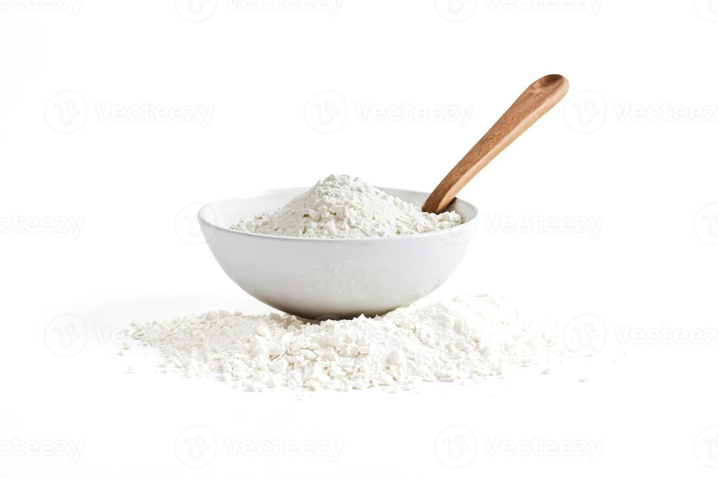 White Powder In Bowl And Spoon On White Background photo