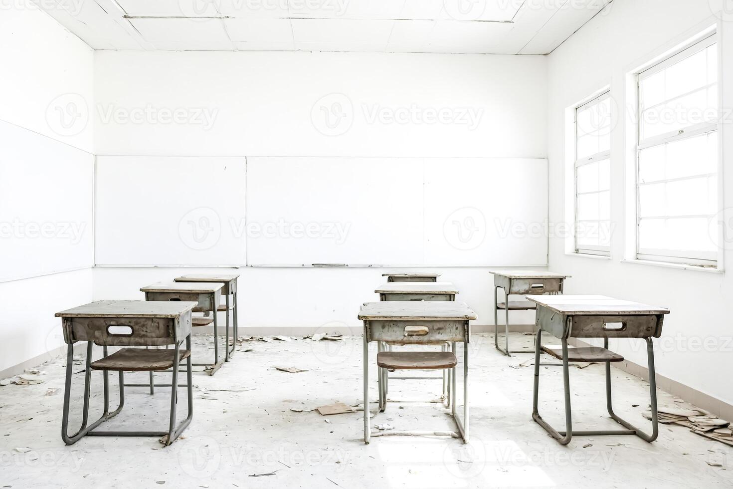 Empty Classroom With Desks and Chairs photo