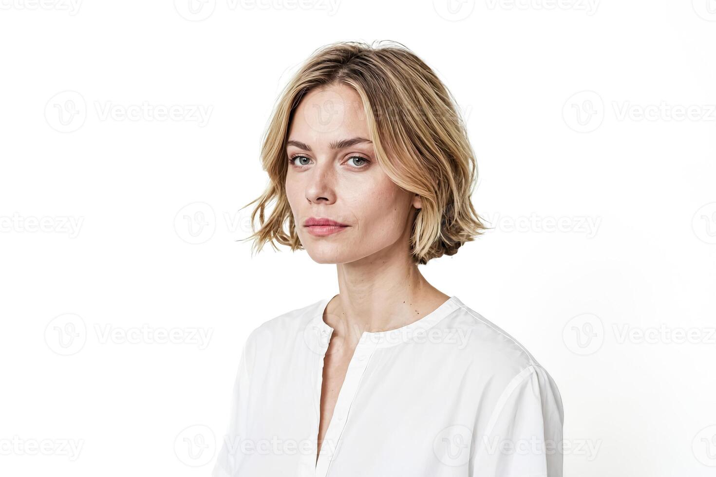 Portrait of a Young Woman with Blonde Hair and White Shirt photo
