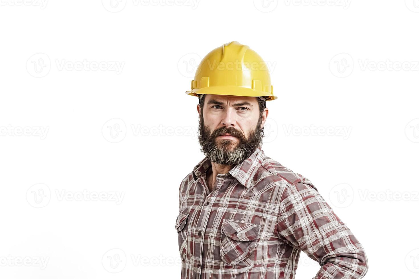 Serious Construction Worker in Hard Hat and Plaid Shirt photo
