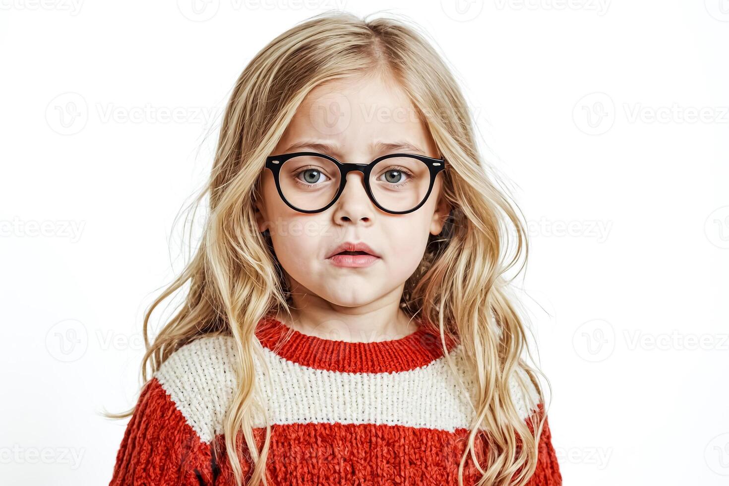 Portrait of a Young Girl Wearing Glasses and a Red Sweater photo