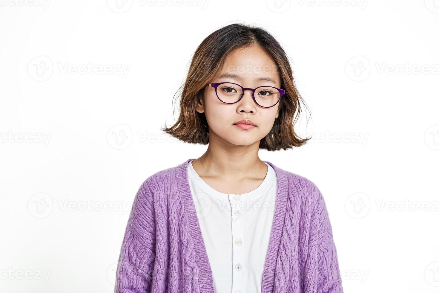 Young Asian Girl with Serious Expression in Purple Cardigan photo