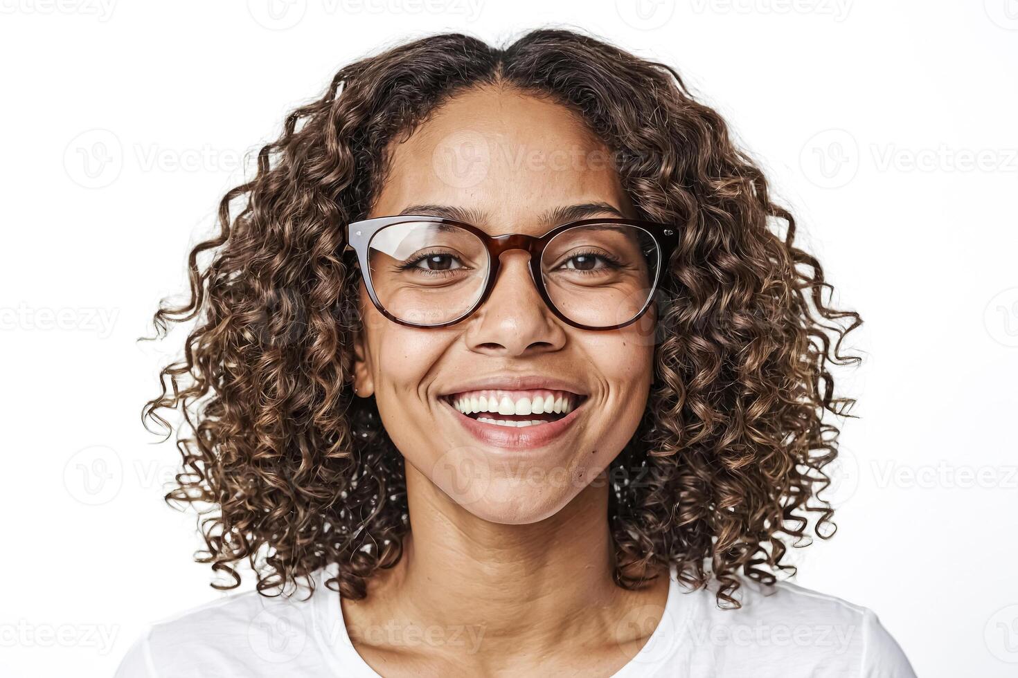 Close-up portrait of a smiling woman with curly hair and glasses photo