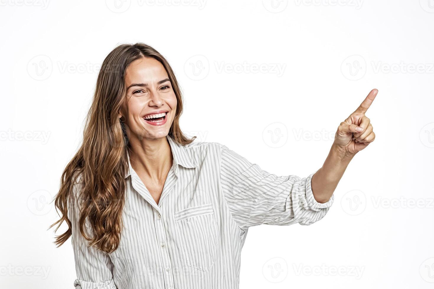 Happy Woman Pointing Up While Smiling photo