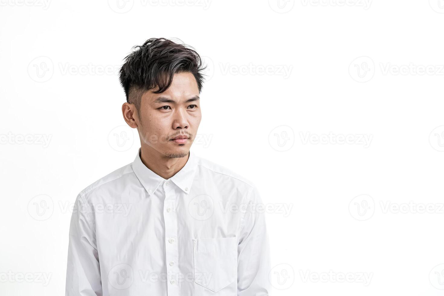 Young Asian Man in White Shirt Looking Away photo