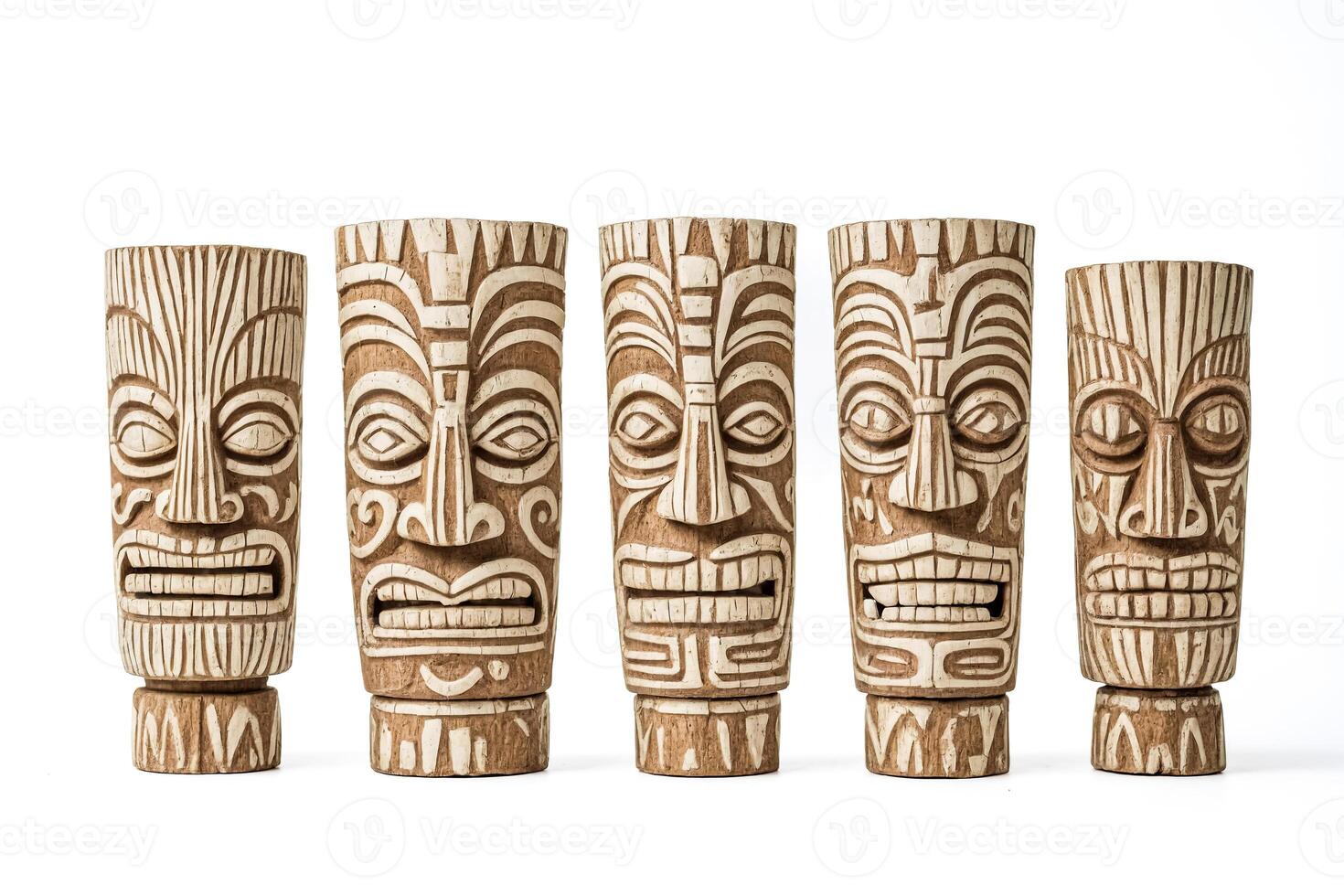 Five Carved Wooden Tiki Statues photo