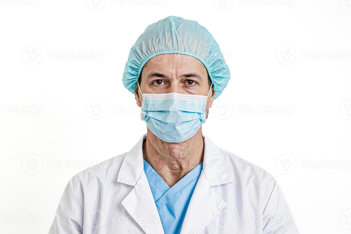 Doctor with face mask and surgical cap looking at the camera photo