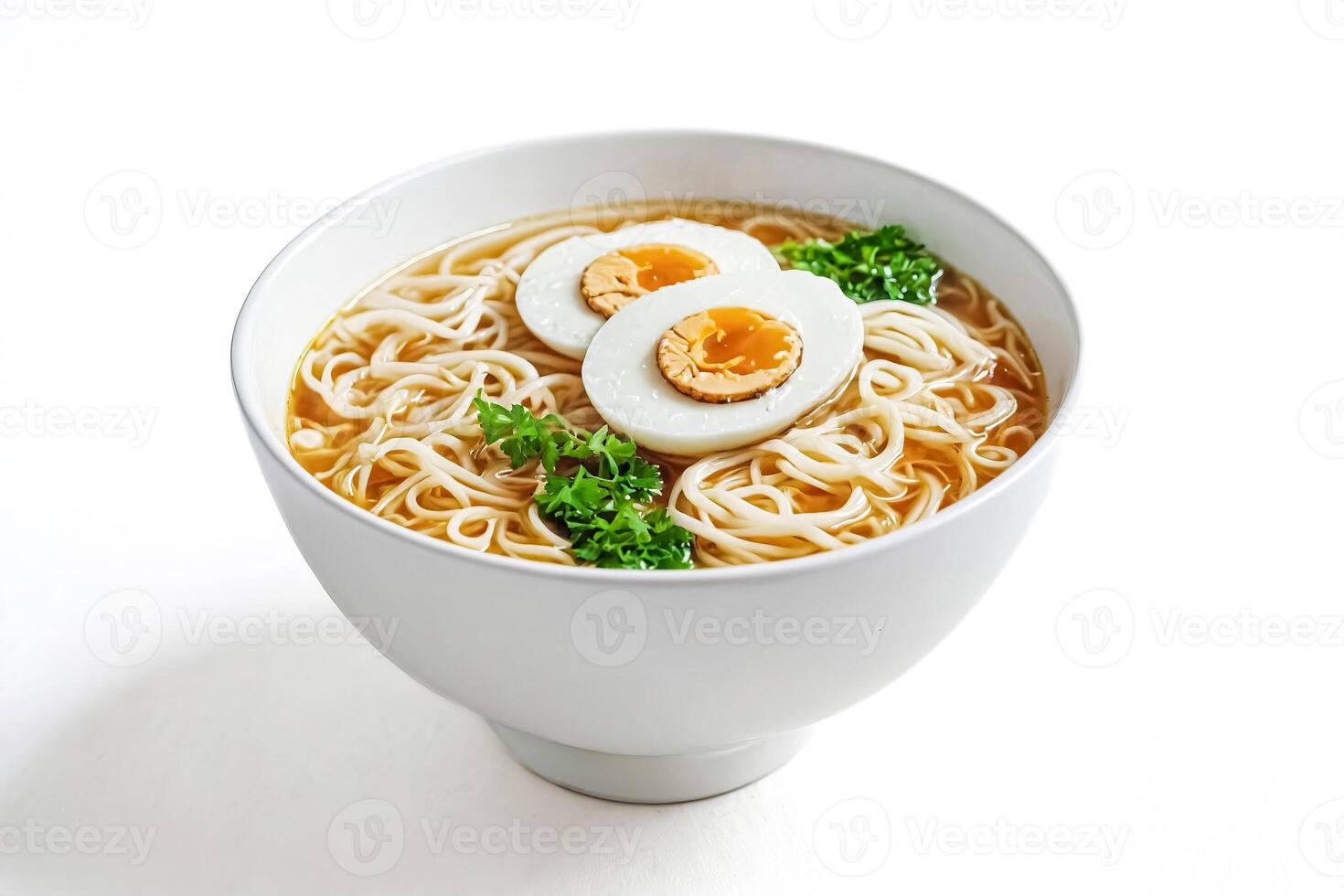 Close-up of a bowl of ramen with egg and parsley photo