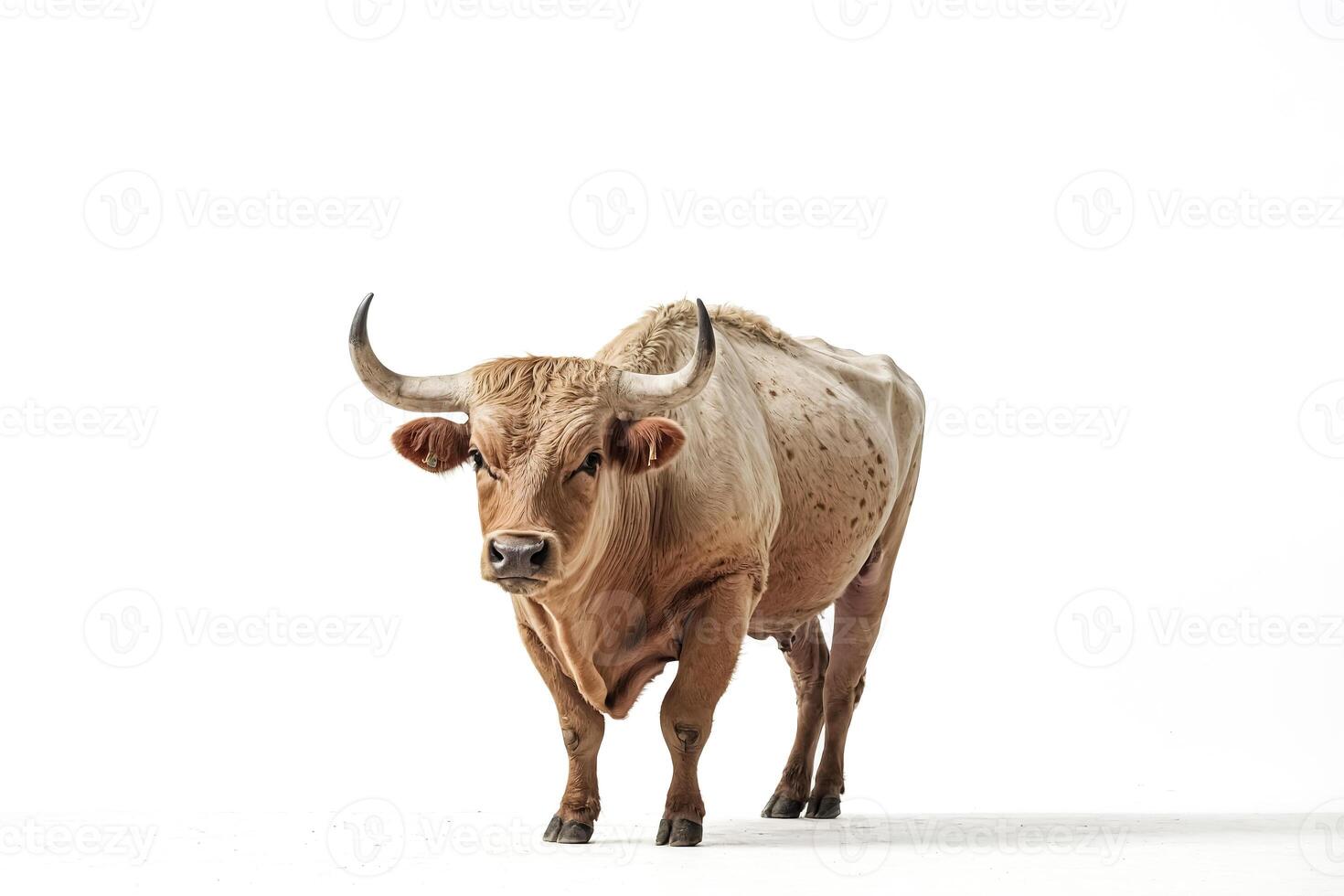 Brown Cow with White Spots Standing on White Background photo