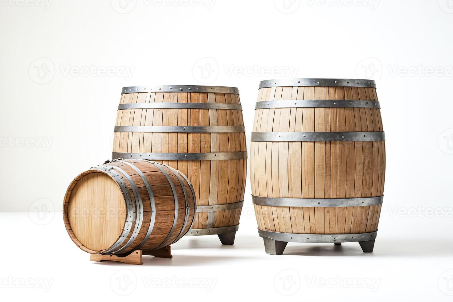 Three Wooden Barrels on White Background photo
