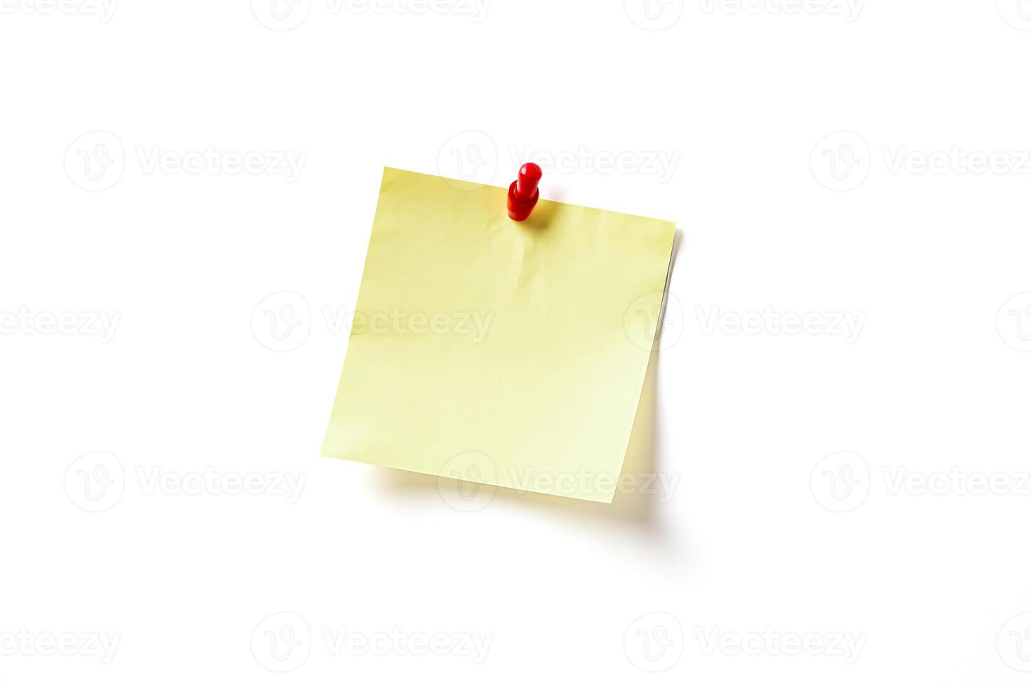 Blank Yellow Sticky Note with Red Push Pin on White Background photo