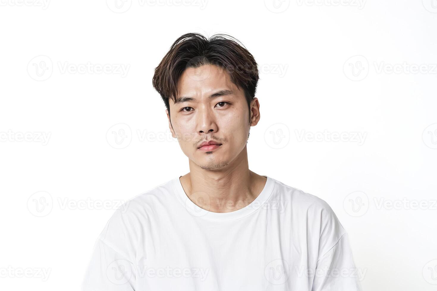 Young man in a white t-shirt looking at the camera photo