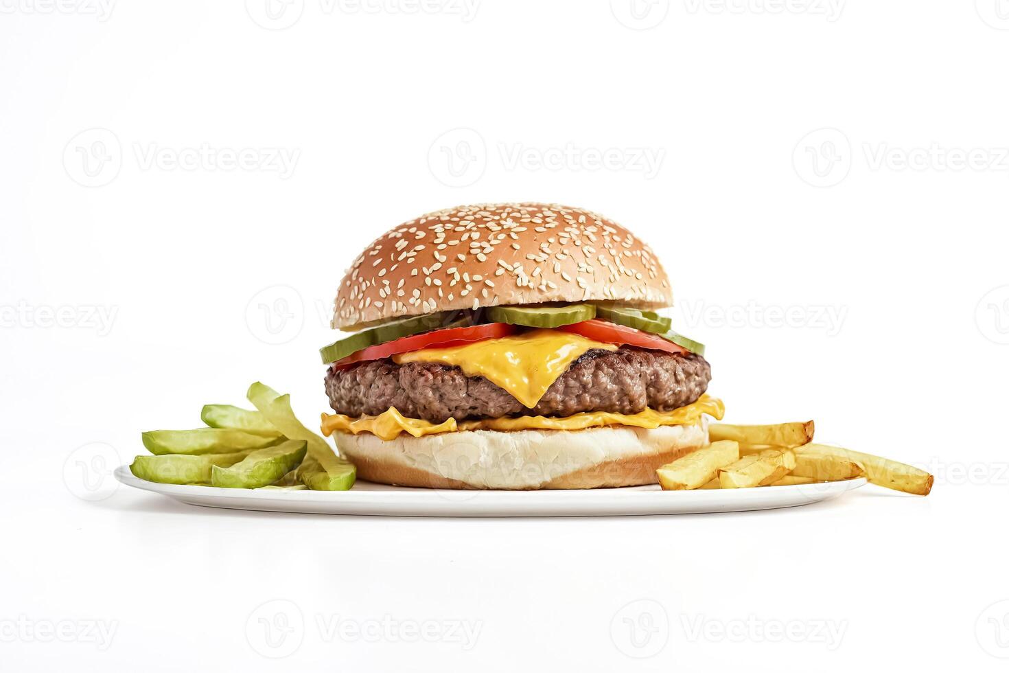 Cheeseburger with Pickles and Fries on White Background photo