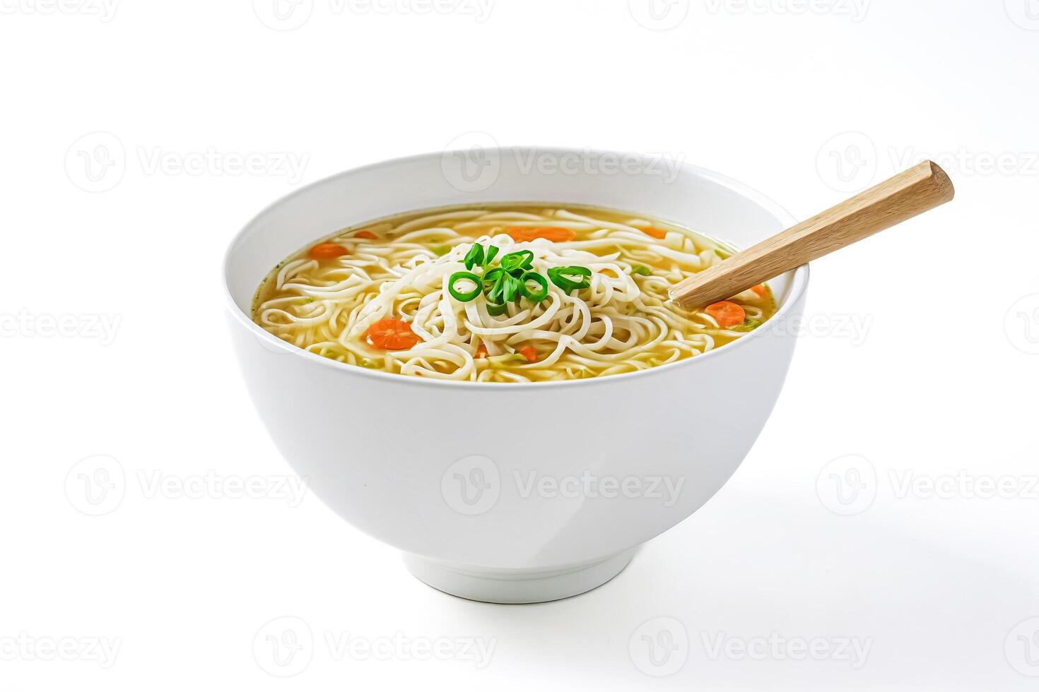 Bowl of Chicken Noodle Soup with Wooden Spoon photo