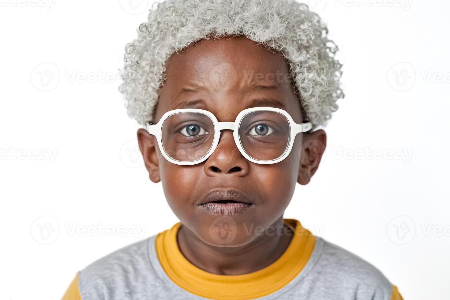 Portrait of a young boy with grey hair and glasses photo