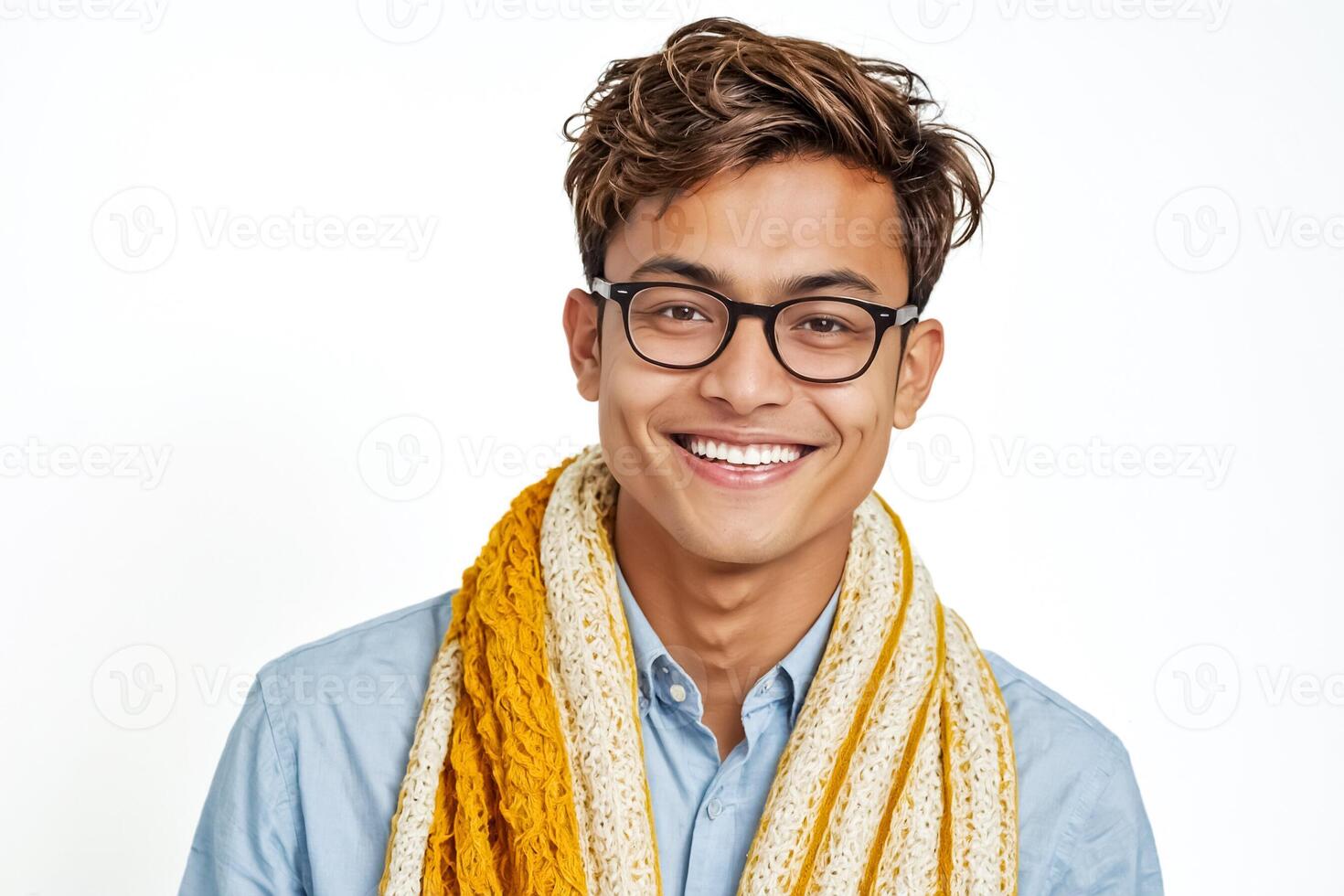 Young Man with a Warm Smile and Stylish Scarf photo