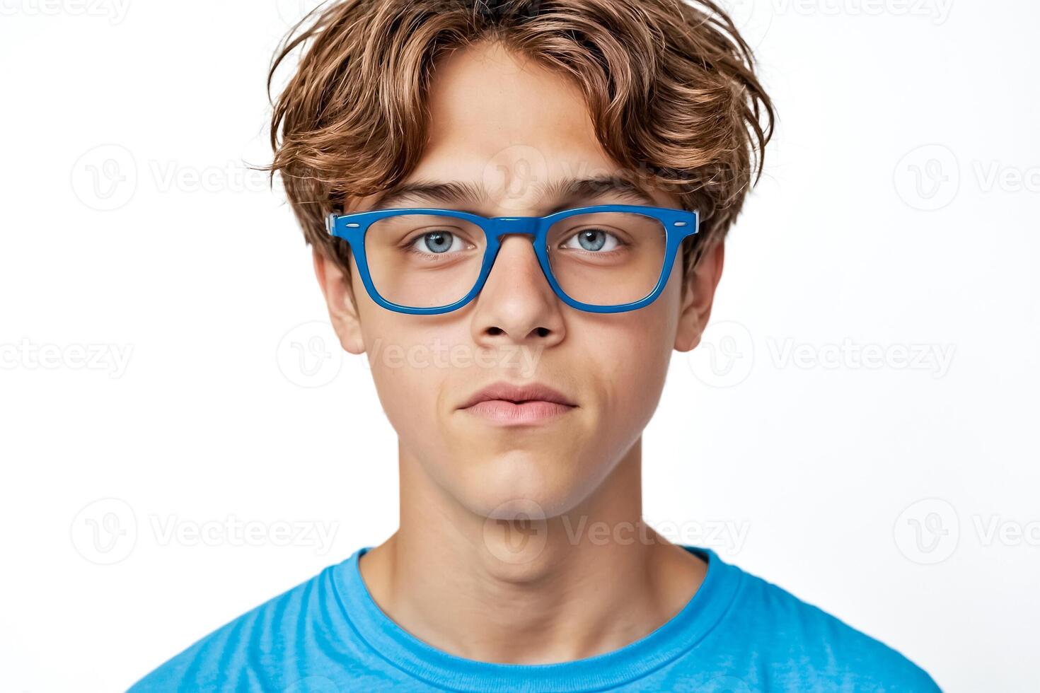 Teenage boy wearing blue glasses photo