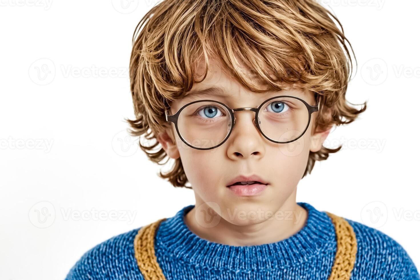 Portrait of a Young Boy Wearing Glasses and a Blue Sweater photo