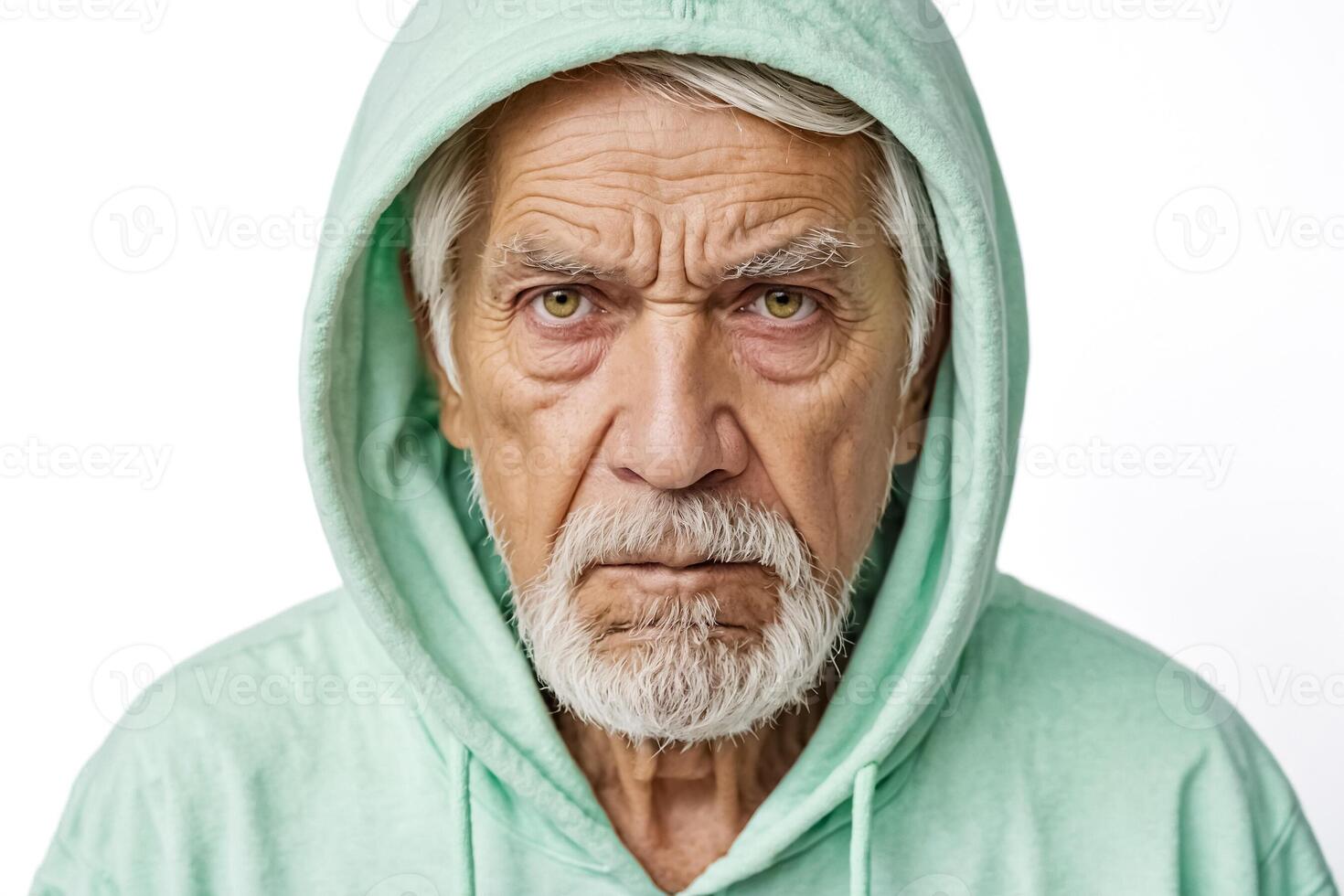 Senior Man in Green Hoodie with Intense Expression photo
