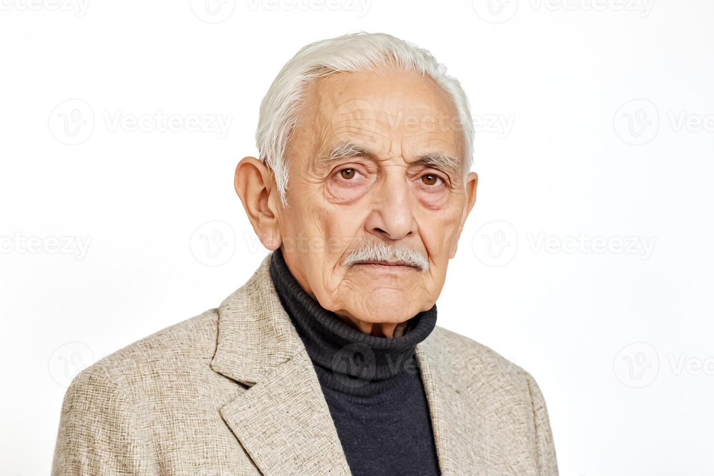 Elderly man with white hair and a mustache looking at the camera photo
