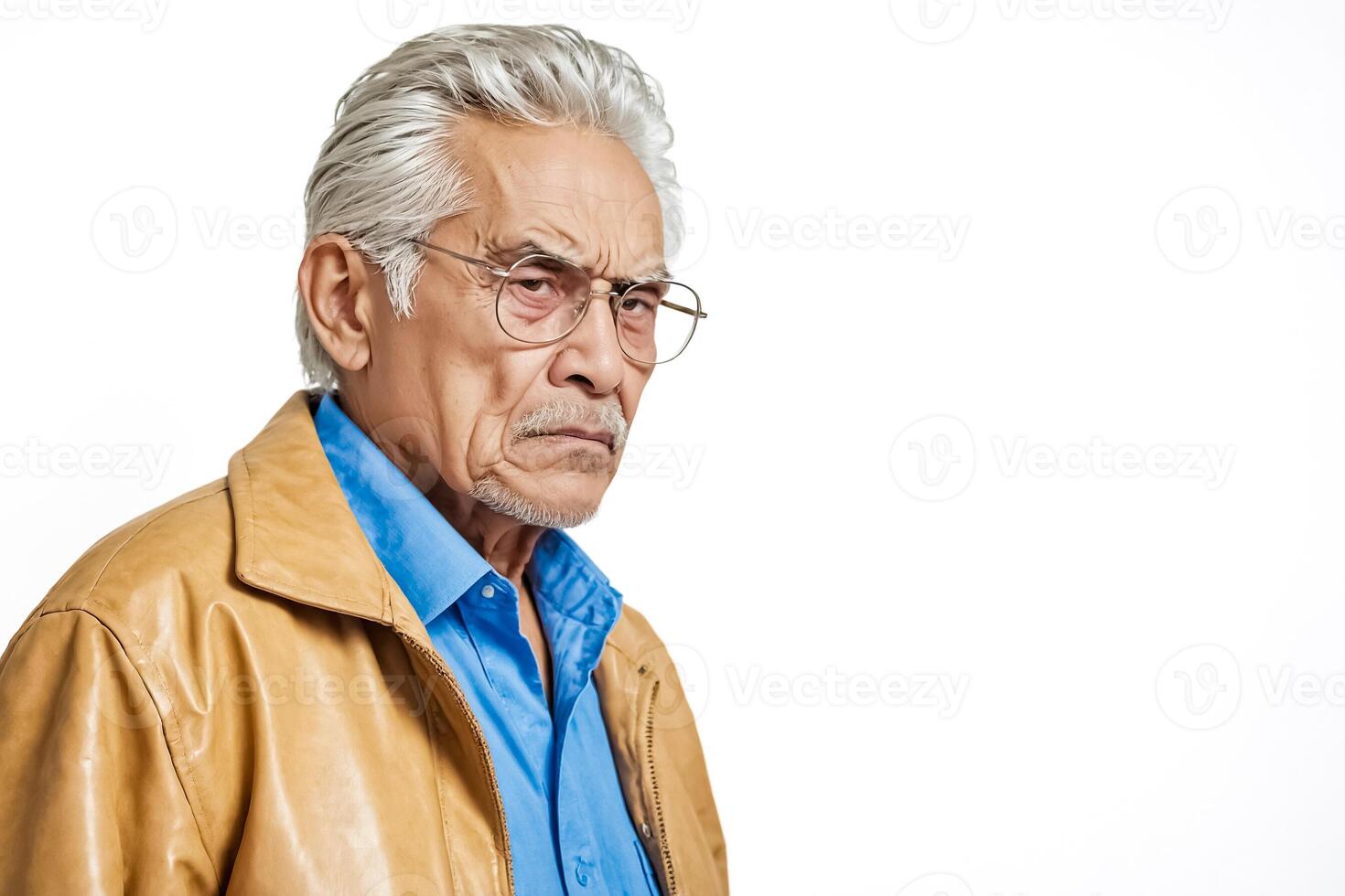 Senior man in a leather jacket and glasses looking thoughtfully to the side photo