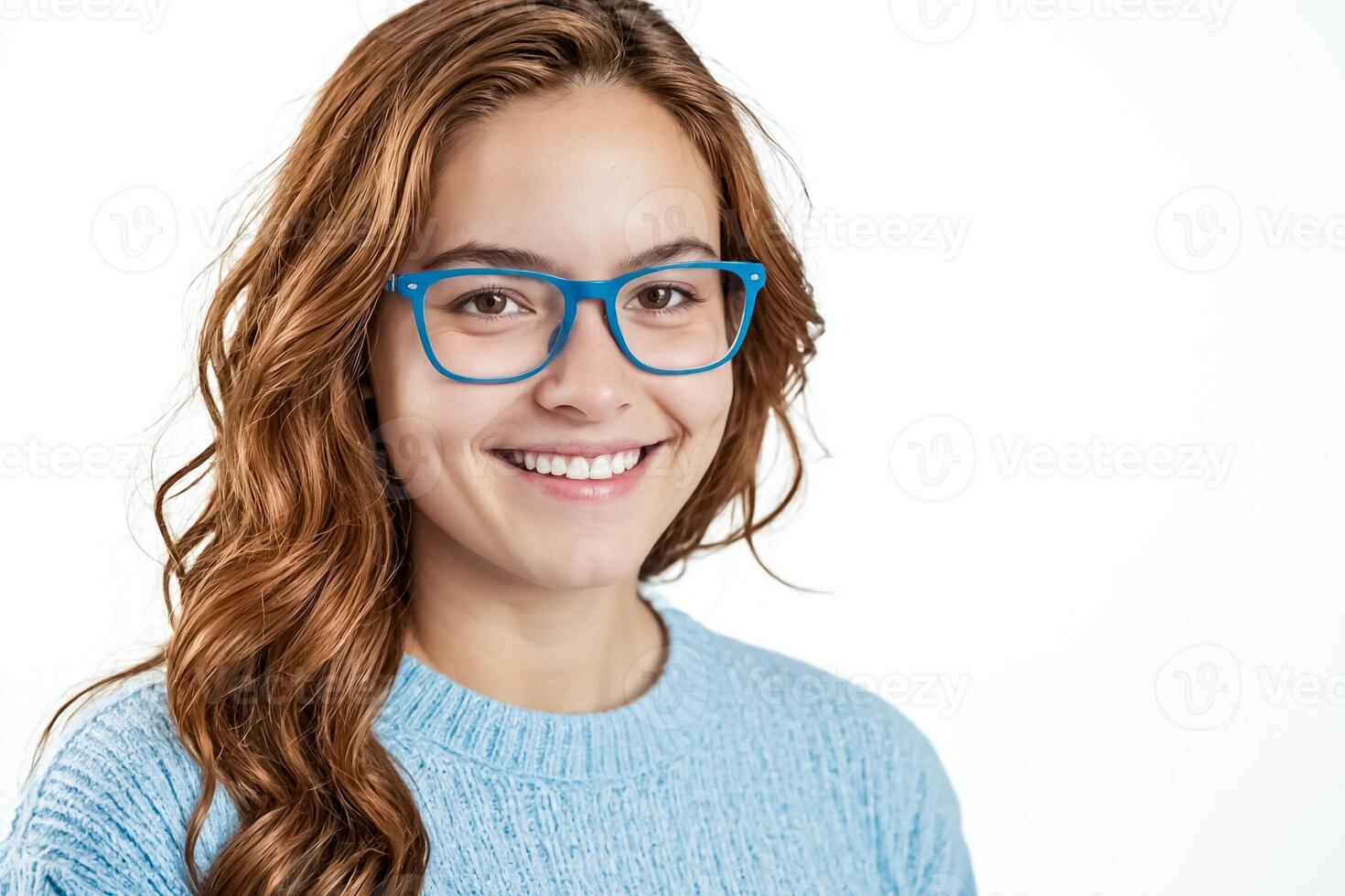 Portrait of a smiling young woman with blue glasses photo