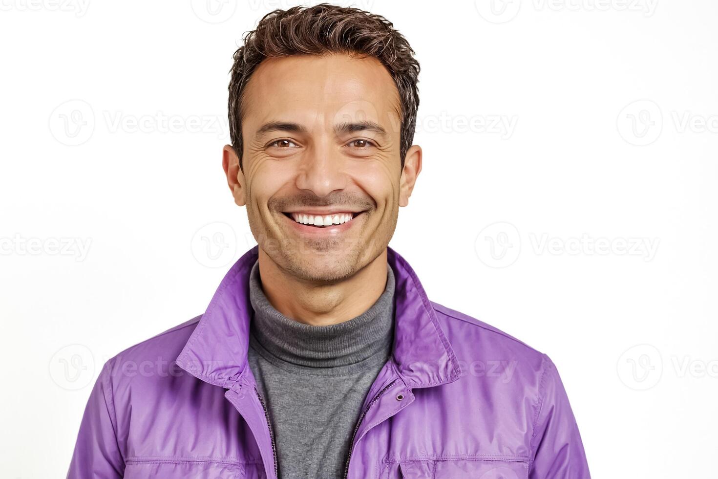 Portrait of a smiling man with brown hair and a purple jacket photo