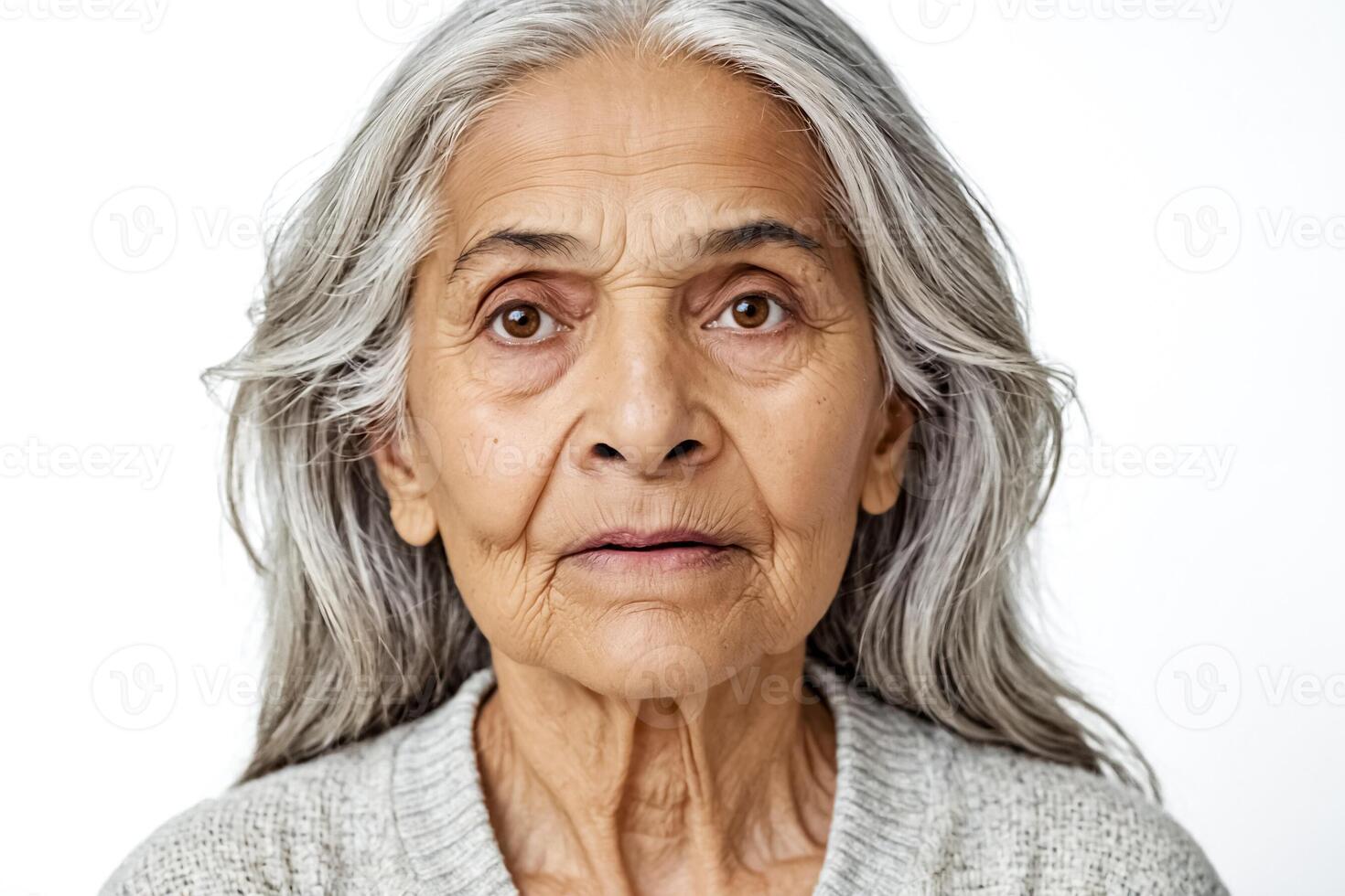 Portrait of a woman with grey hair and wrinkles photo