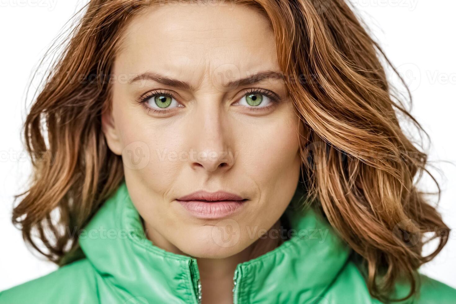 Close-up Portrait of a Woman with Green Eyes and a Serious Expression photo