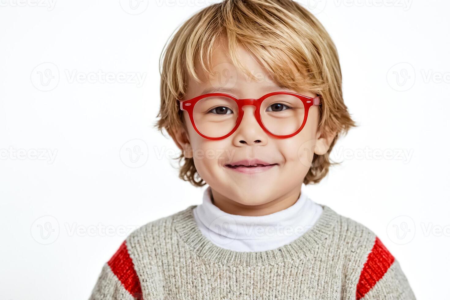 Portrait of a smiling boy wearing red glasses photo