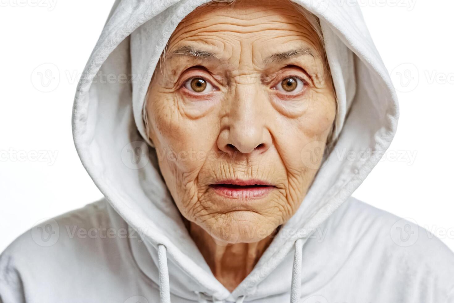 Close Up of a Senior Woman with a White Hoodie photo