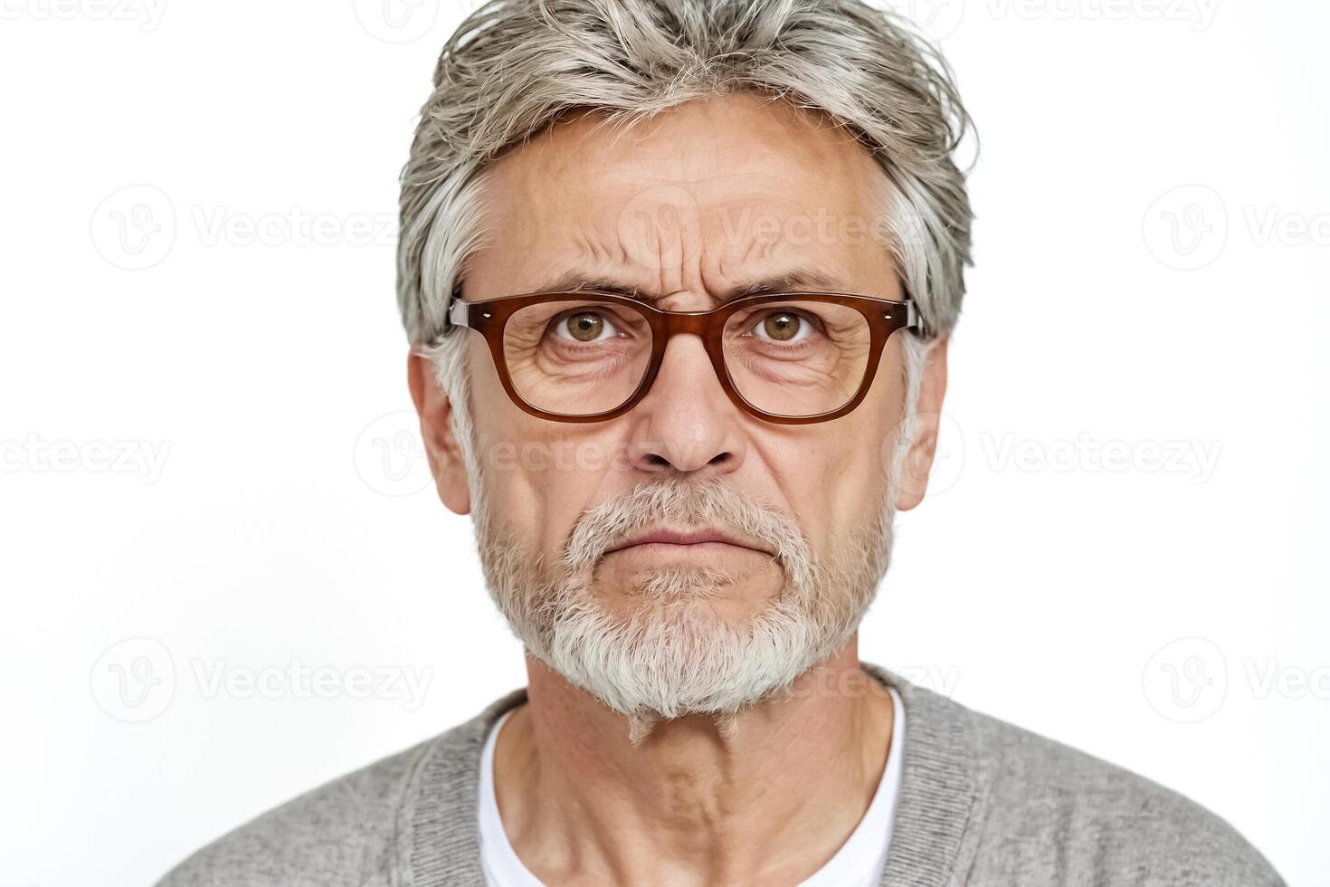 Senior man with gray hair and beard looking thoughtful photo