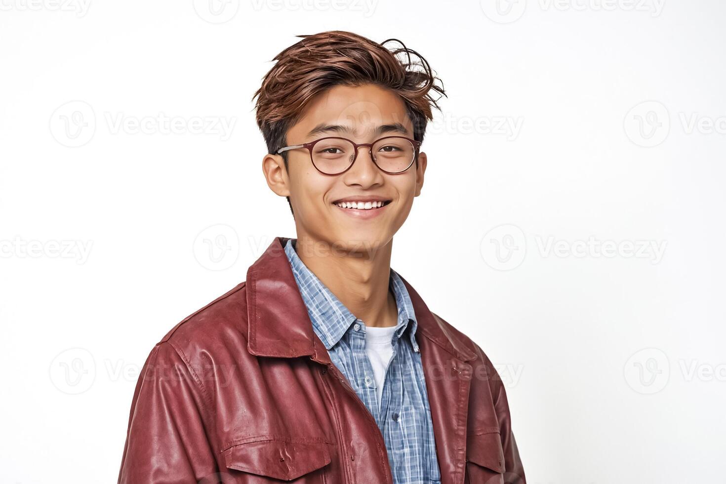 Portrait of a Smiling Young Man in Glasses and a Red Leather Jacket photo