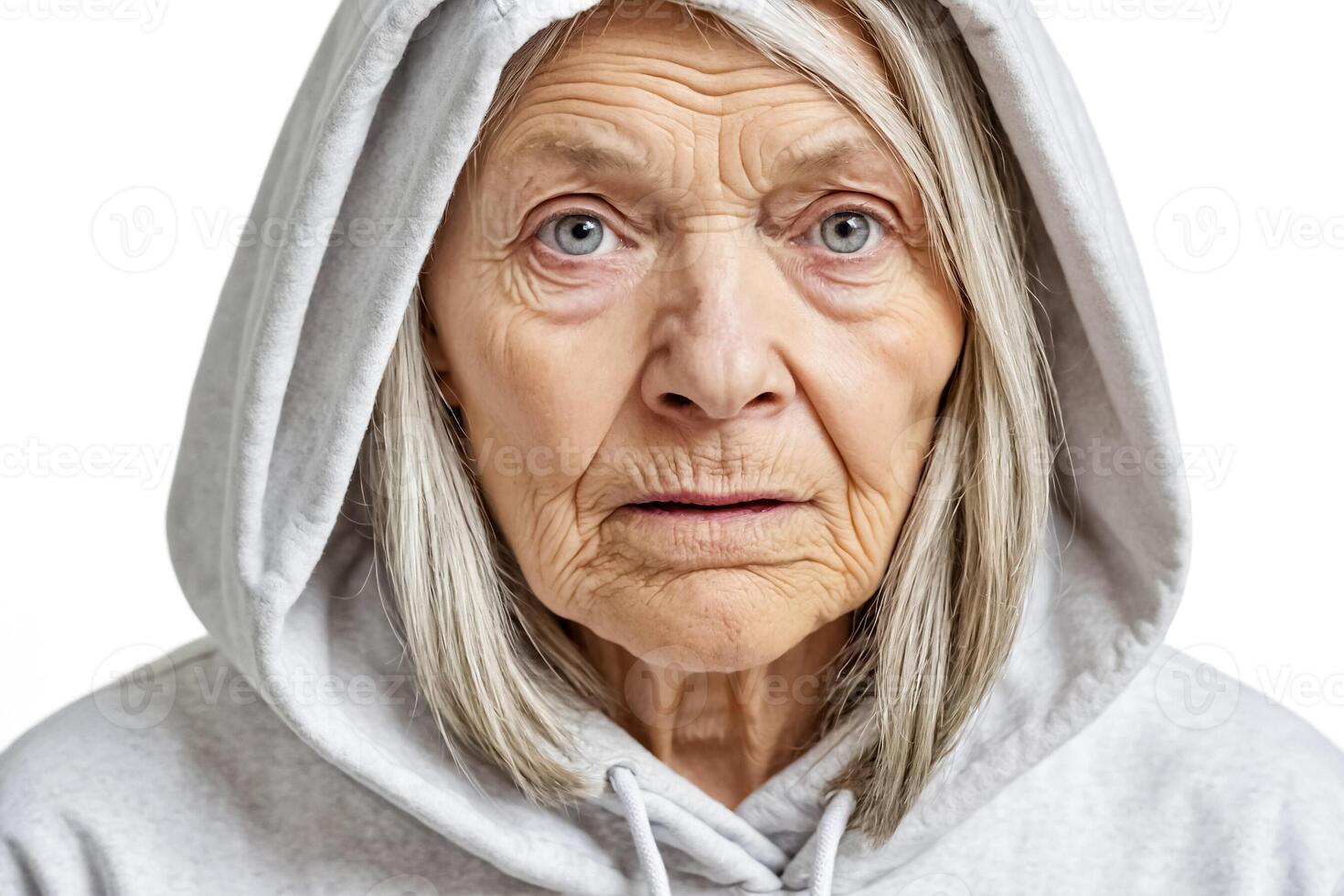 Close up portrait of an elderly woman in a grey hoodie photo