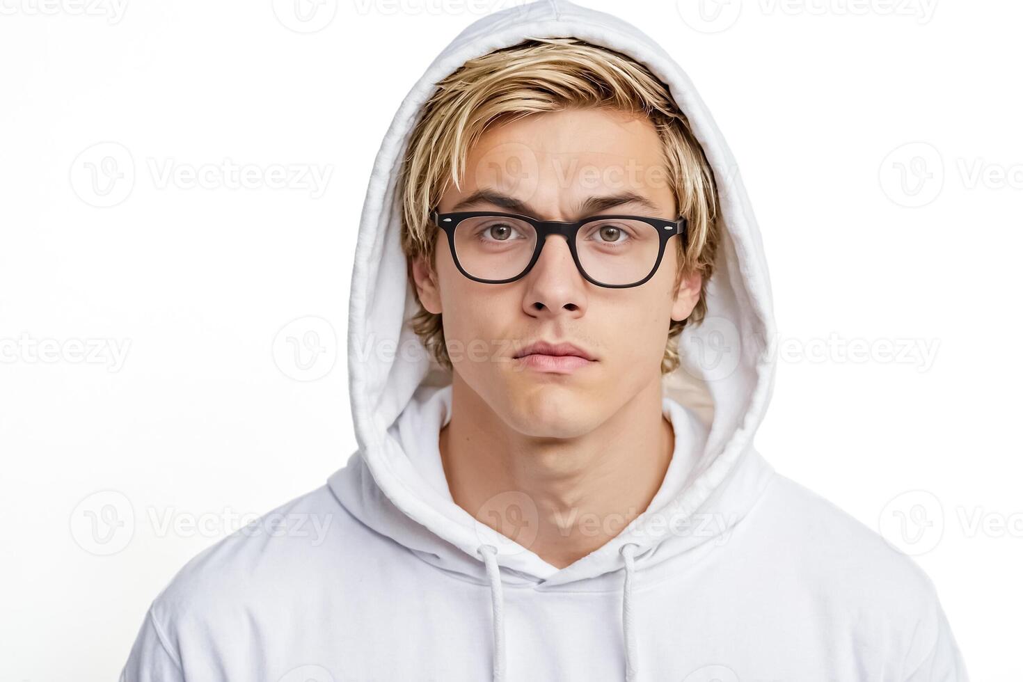 Young Man in a White Hoodie with a Serious Expression photo