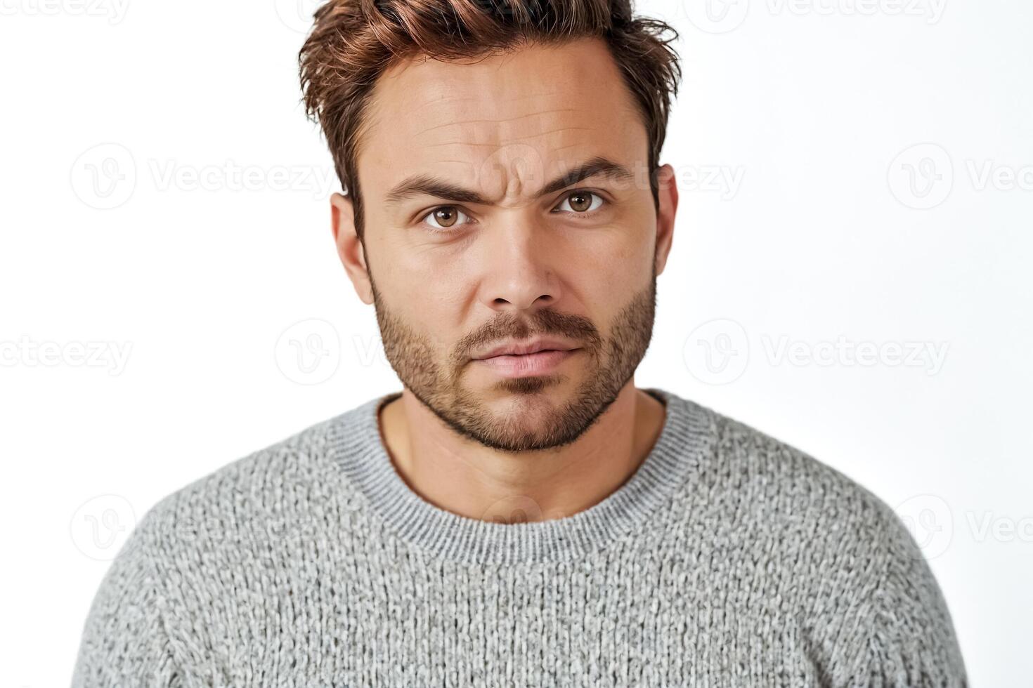 Serious young man in grey sweater looks directly at the camera photo
