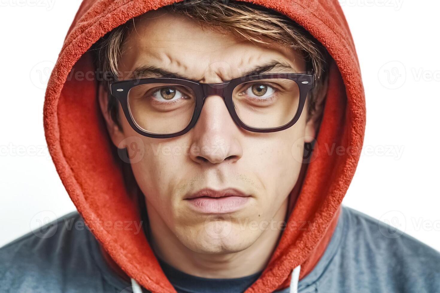 Close-up portrait of a young man with a serious expression wearing a red hoodie and glasses photo