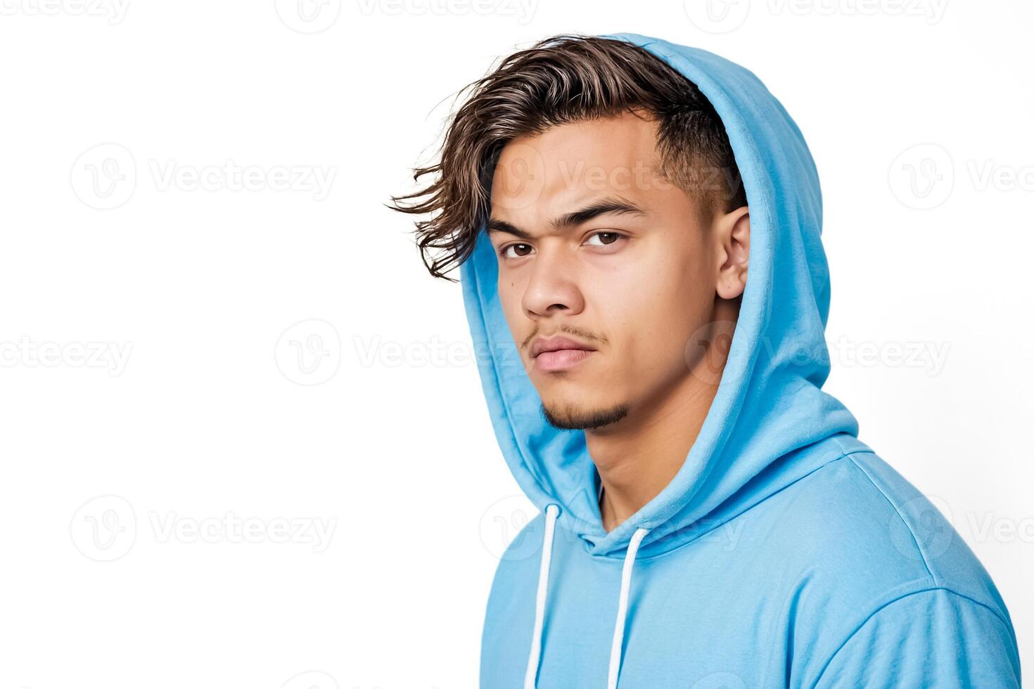 Young man in blue hoodie looking serious photo