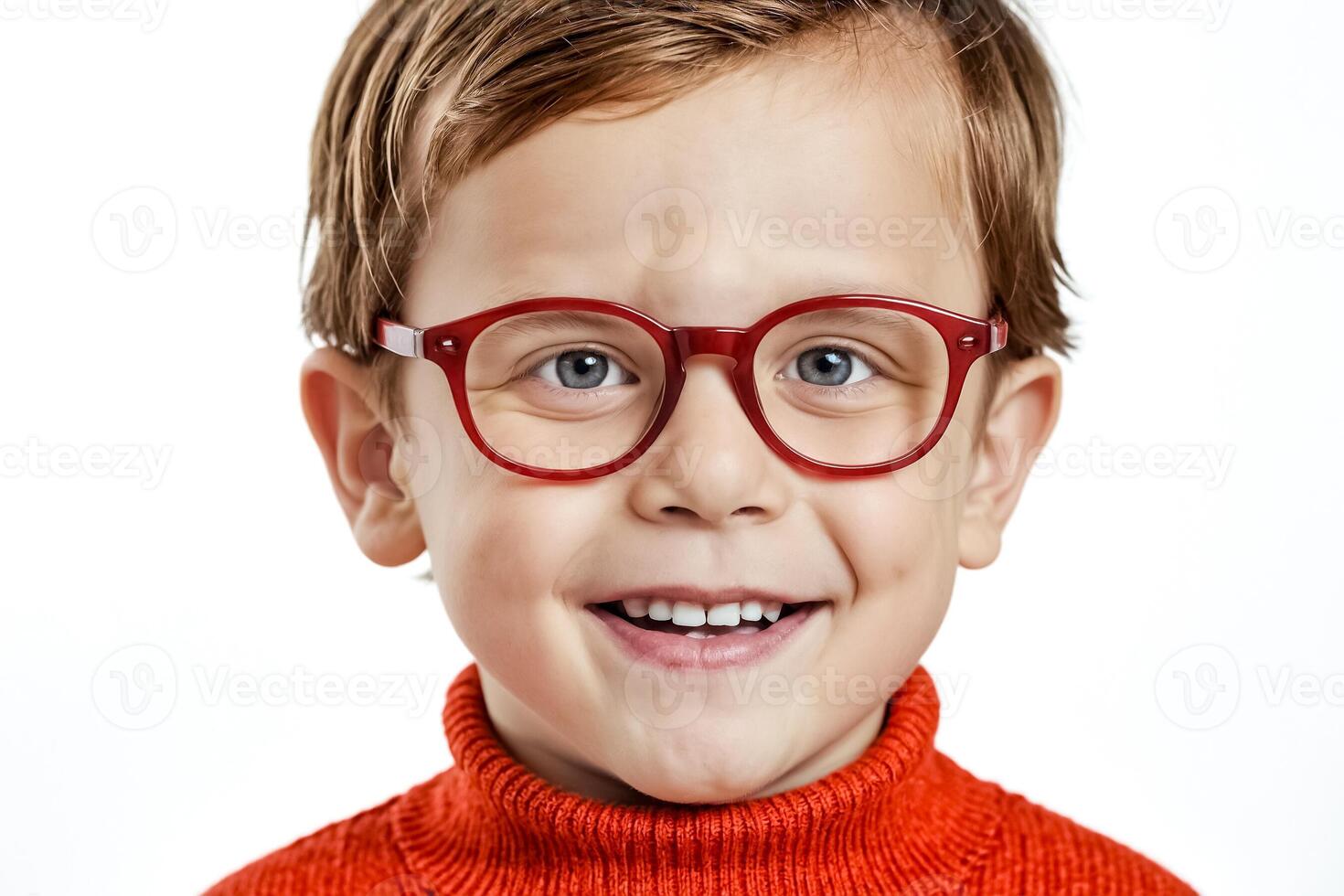 Portrait of a smiling boy wearing red glasses photo