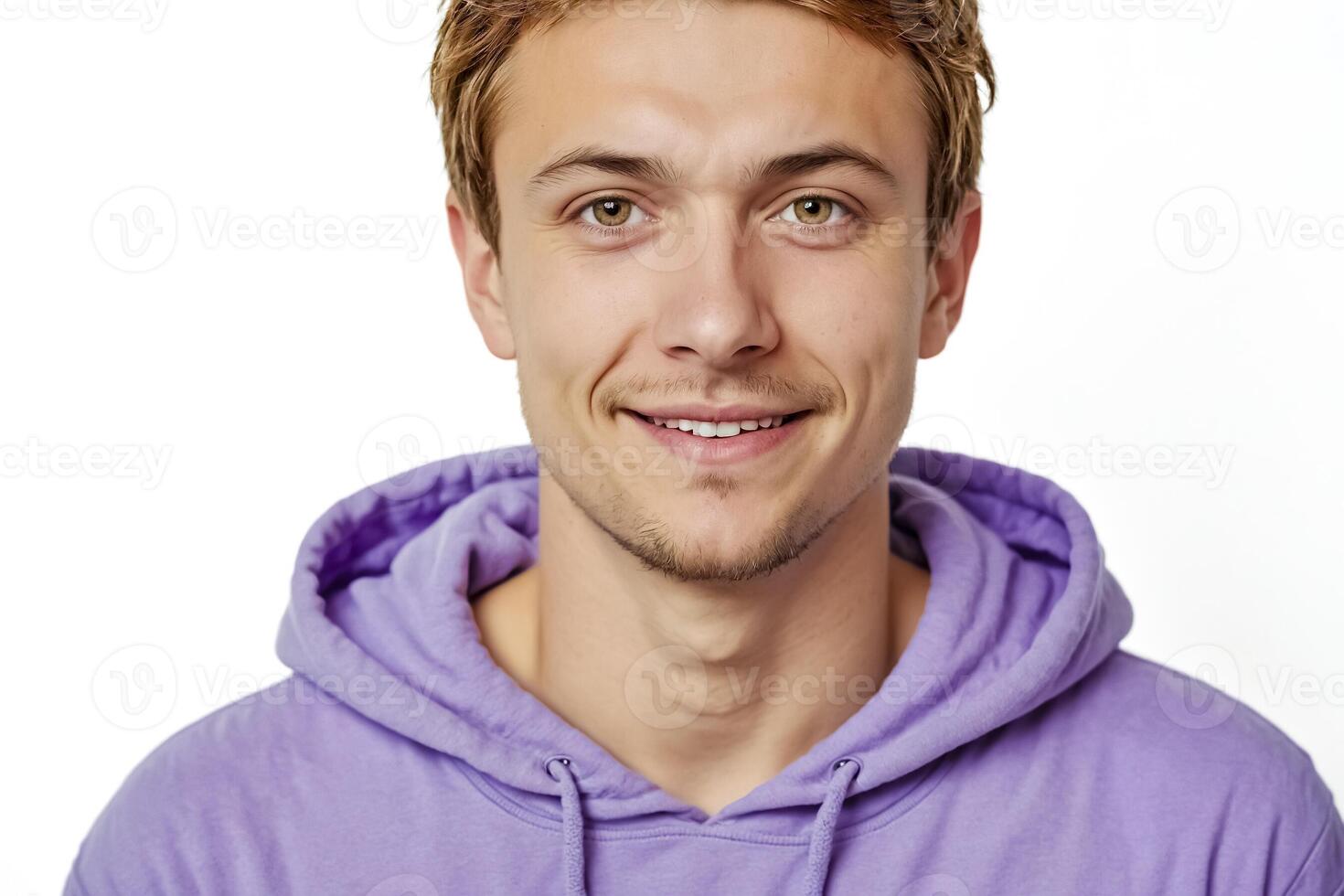 Portrait of a smiling young man in a purple hoodie photo