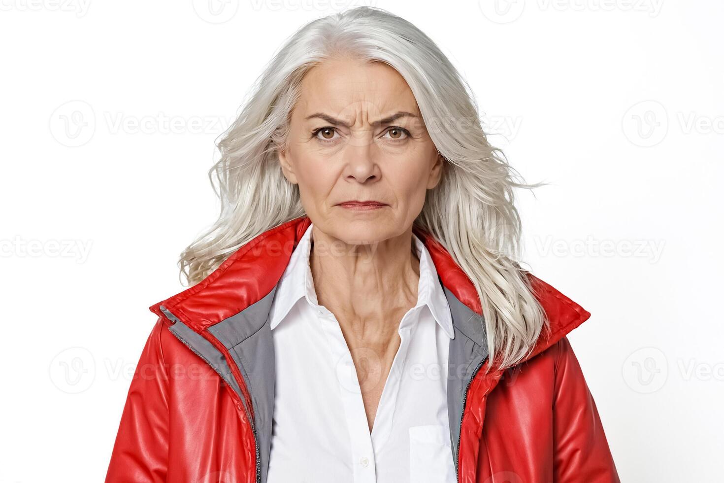 Portrait of a serious senior woman in red jacket photo