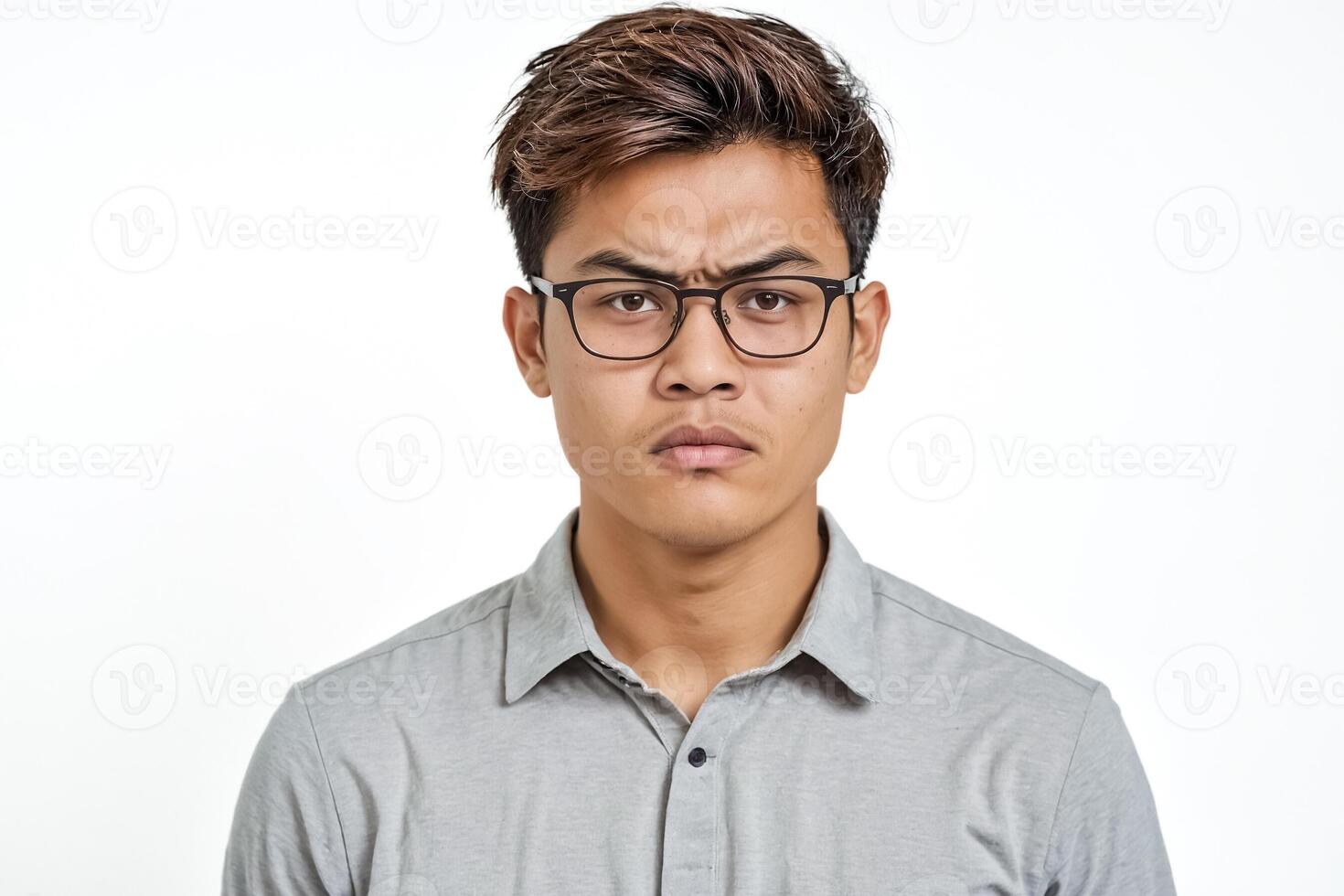 Young man in grey shirt looking serious photo