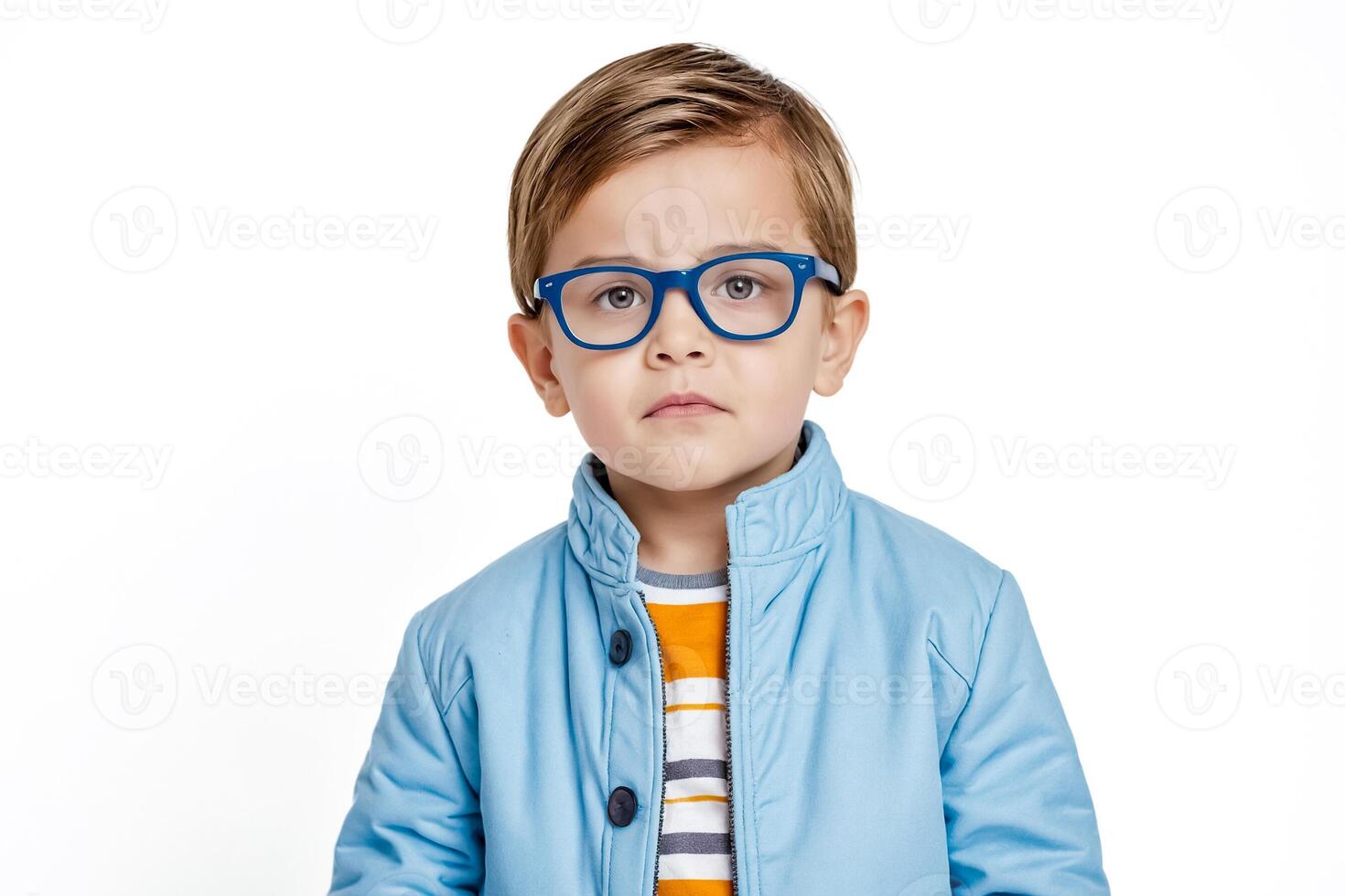Portrait of a serious young boy wearing blue glasses photo