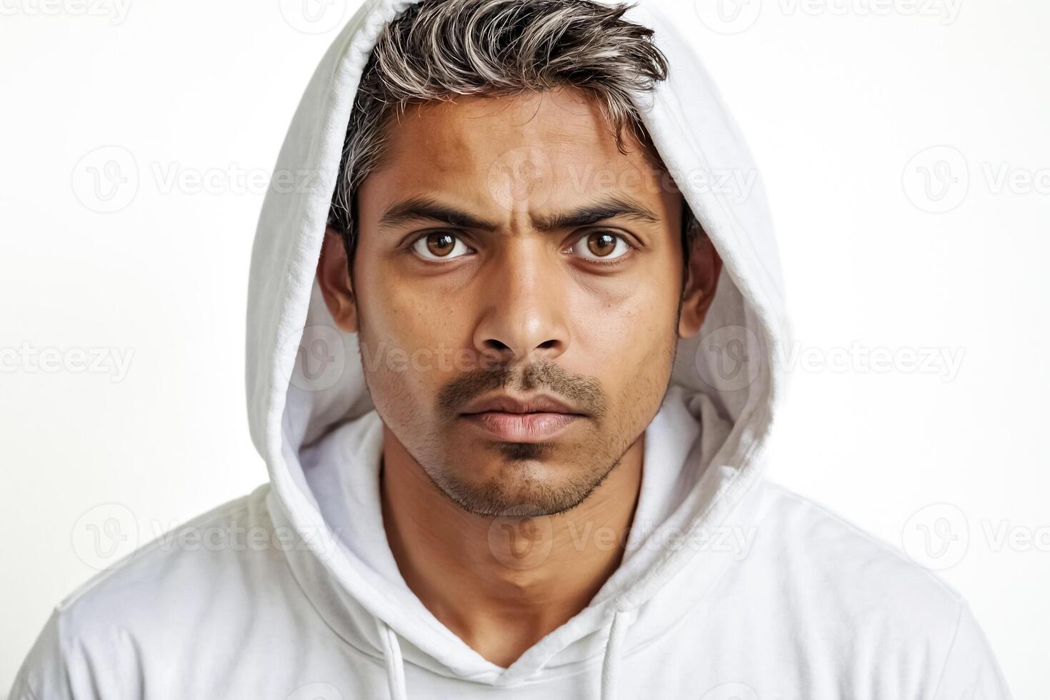 Closeup of a serious young man in a white hoodie photo