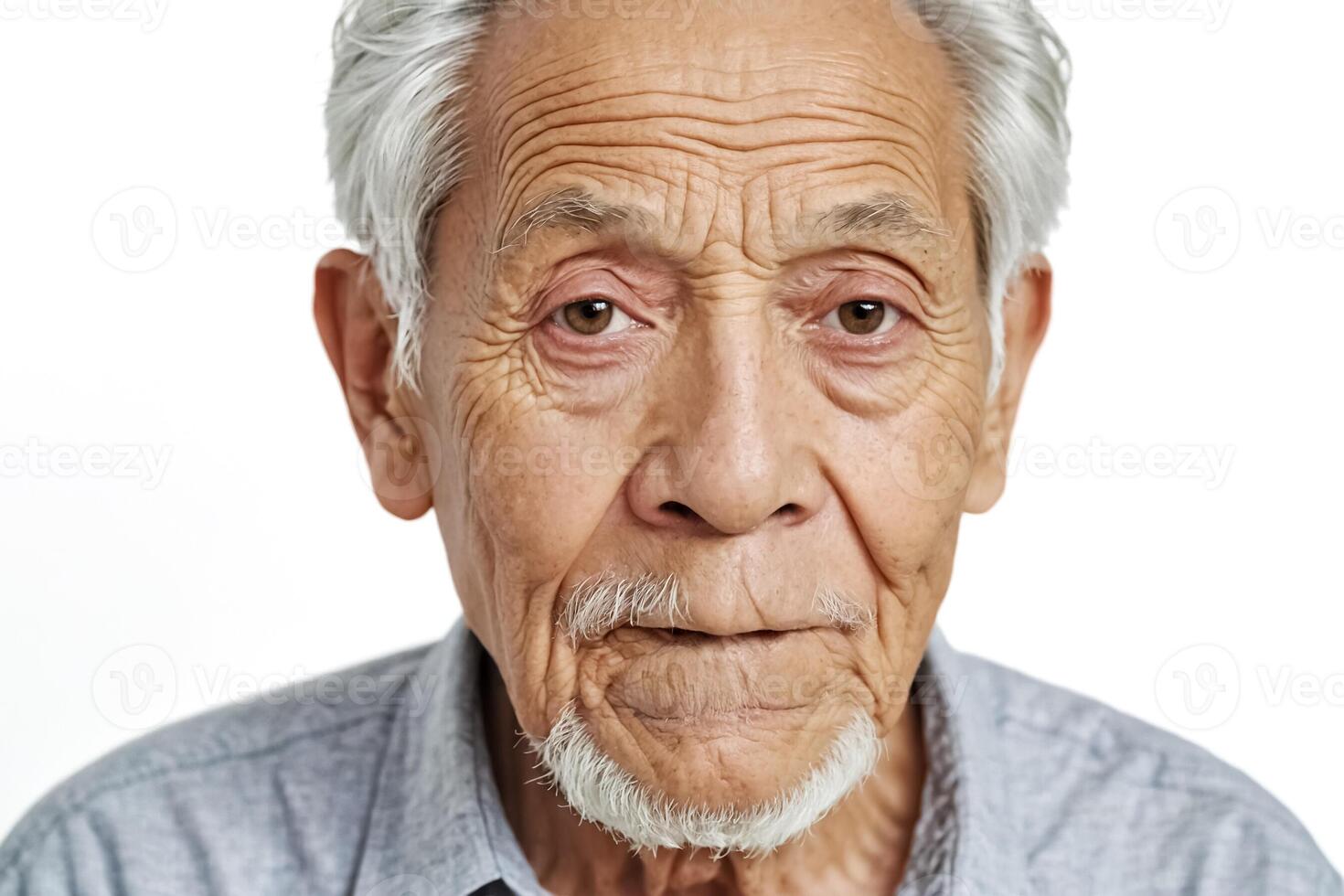 Close-up portrait of an elderly man with gray hair and a beard, looking at the camera photo