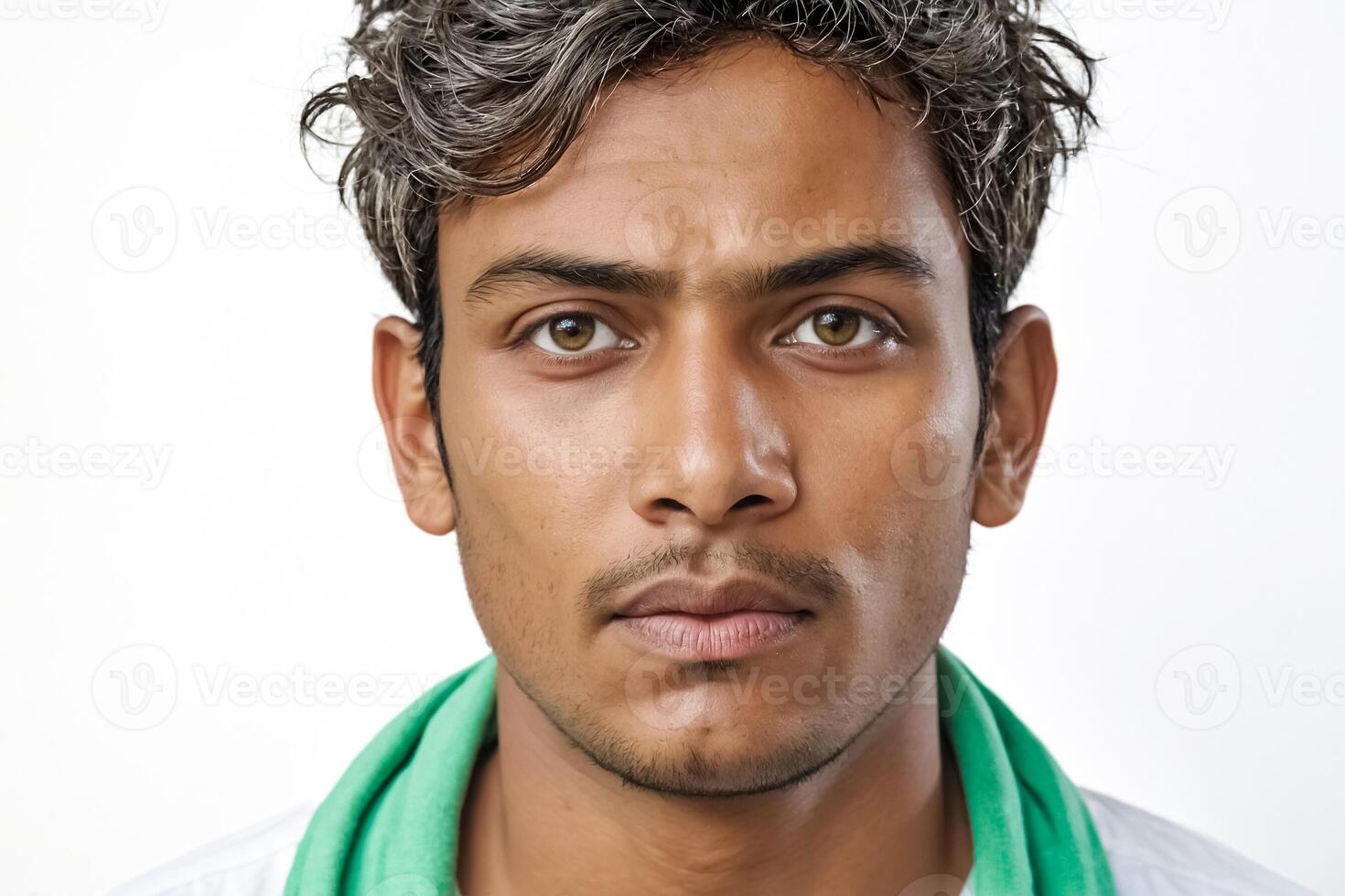 Close Up Portrait of a Young Man with Dark Hair and Green Eyes photo